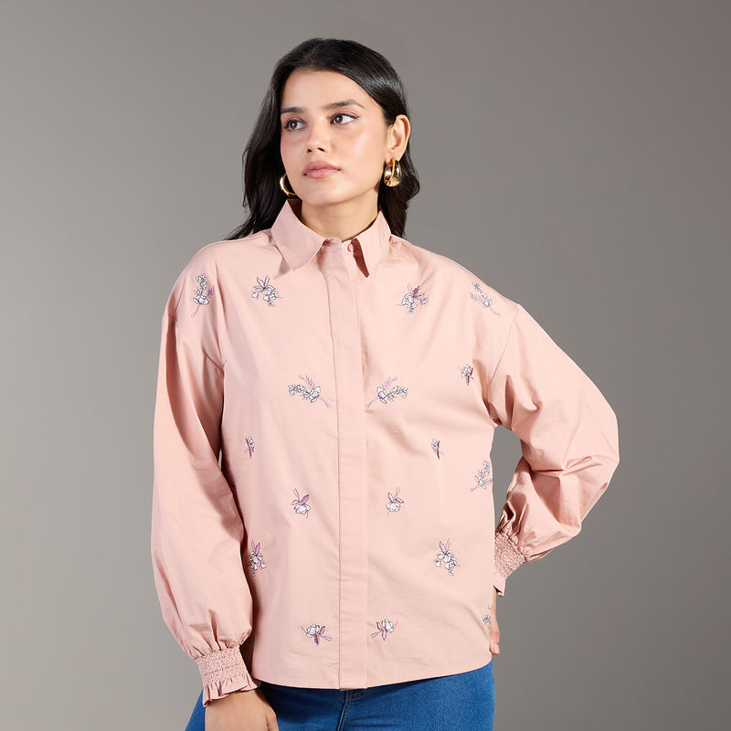 Twenty Dresses by Nykaa Fashion Blush Pink Embroidered Full Sleeves Straight Fit Shirt (XS)