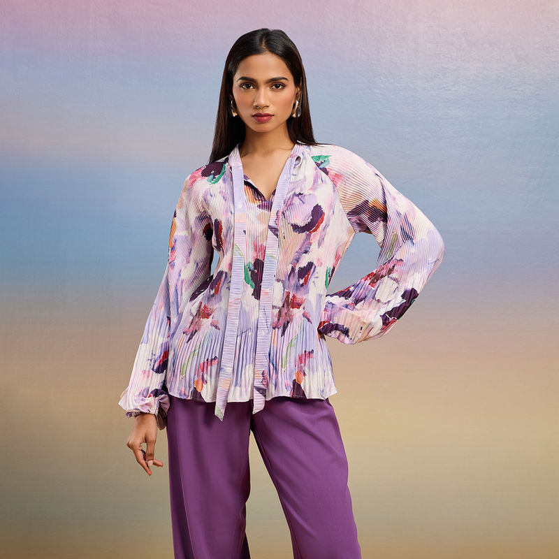 RSVP by Nykaa Fashion Lavender Abstract Printed Pleated Full Bishop Sleeves Top
