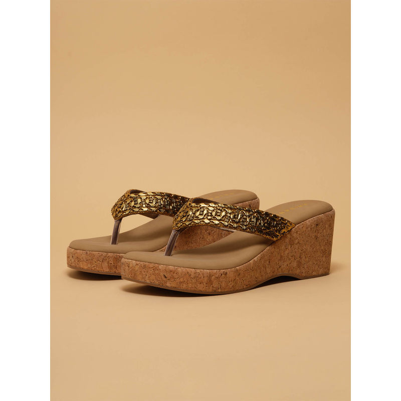 Eridani Reeva Gold Embellished Wedges Heels (UK 2)