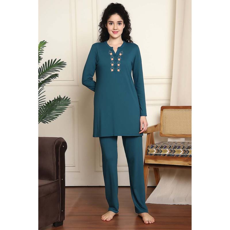 Indreams Full Sleeves Long Nightsuit Teal (2XL)