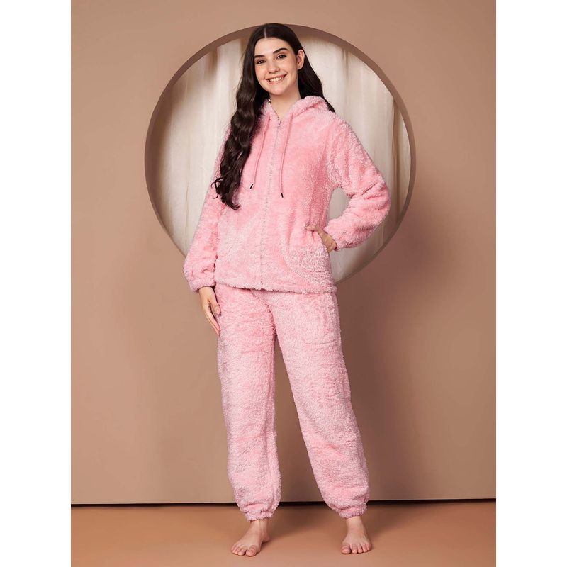 Secret Wish Pink Solid Faux Fur Winter Night Suit (M)
