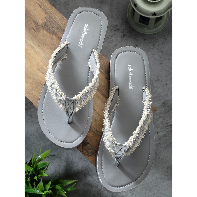 SOLETHREADS Braid Silver Solid Women Slippers (UK 5)