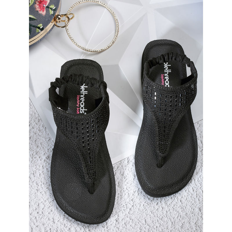 SOLETHREADS Squishy Black Self Design Women Sandals (UK 4)