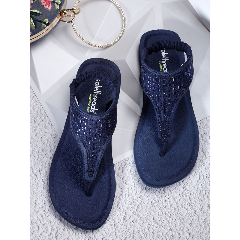 SOLETHREADS Squishy Navy Blue Self Design Women Sandals (UK 4)