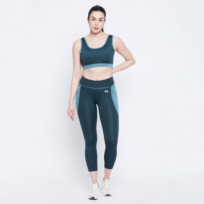 Clovia Snug Fit Active Mid-Rise Ankle-Length Tights & Padded Non Wired Sports Bra - Green (L)