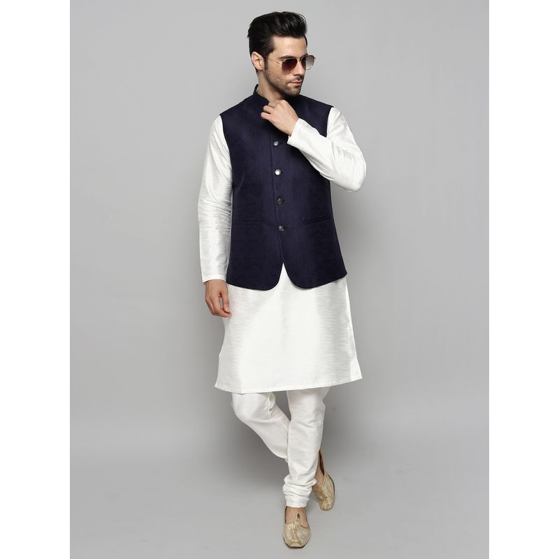 Uri and MacKenzie Men Cream Silk Blend Round Neck Kurta with Pyjama and Waistcoat (S)