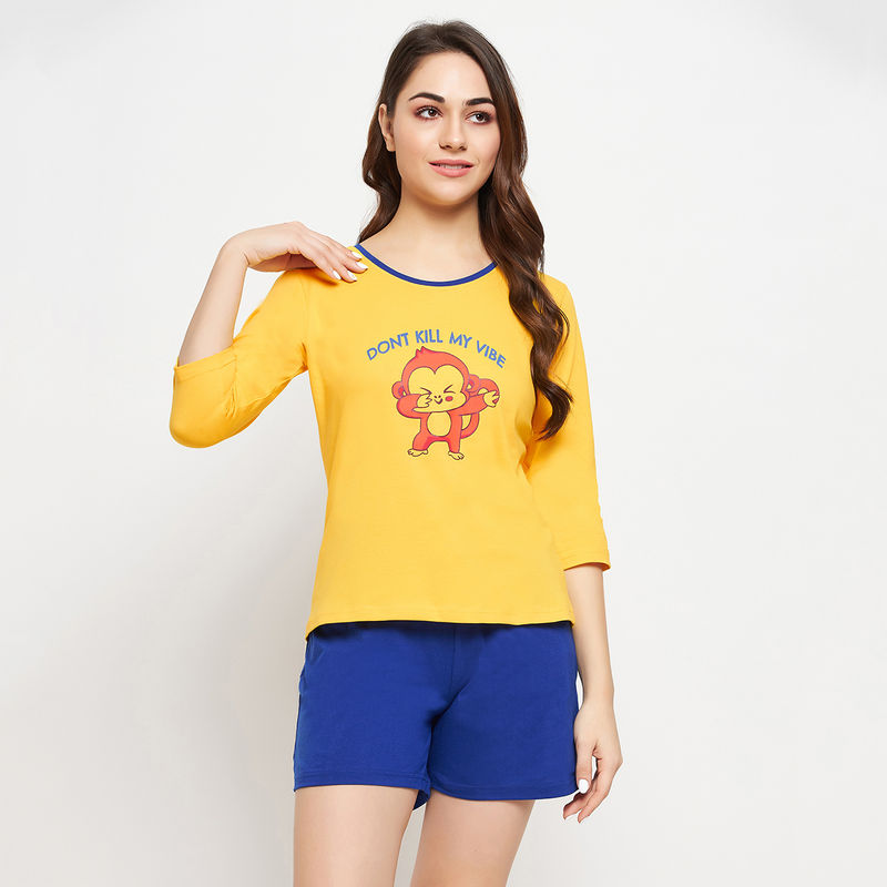 Clovia Graphic And Text Print Top & Chic Basic Shorts - Cotton -Yellow (2XL)