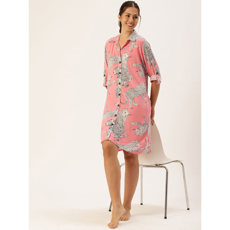 Clt.s Women Pink Animal Long Sleeves Sleep Shirt (2XL)