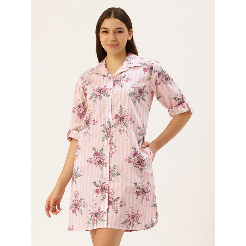 Clt.s Women Pink Floral Long Sleeves Sleep Shirt (M)