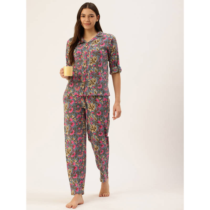 Clt.s Women Blue Floral Shirt and Pyjama (Set of 2) (S)