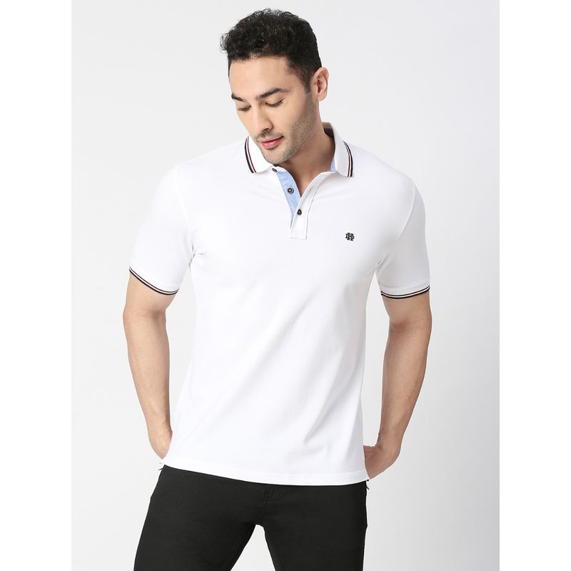 Dragon Hill Half Sleeves White Pique Lycra Polo T-Shirt with Tipping Collar (M)