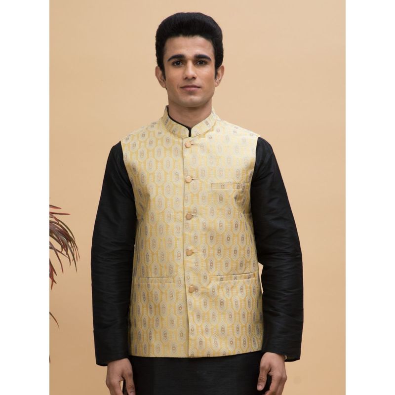 NEUDIS Men Yellow Jacquard Ethnic Motif Silk Blend Nehru Jacket (38)