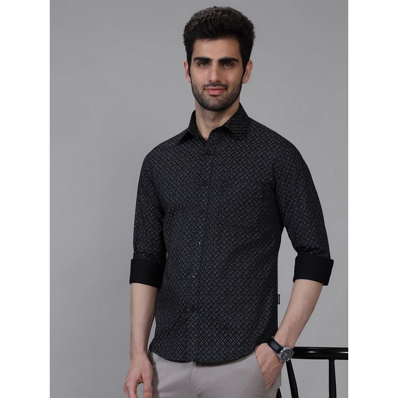 Kenneth Cole Men's Black Collar Neck Checked Slim Fit Shirt (L)