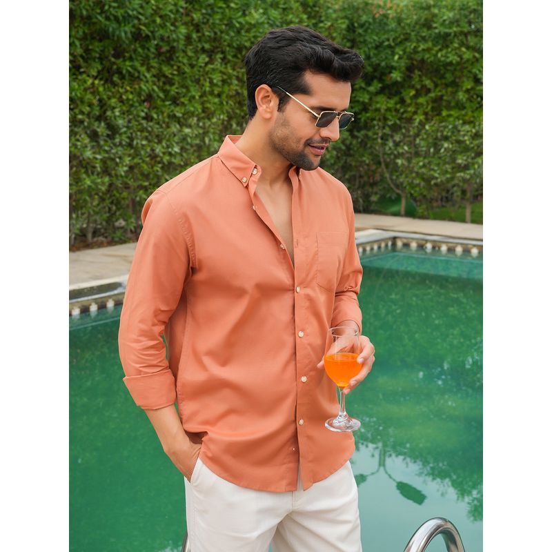 Perch Men's Orange Linen Collar Neck Solid Slim Shirt (M)