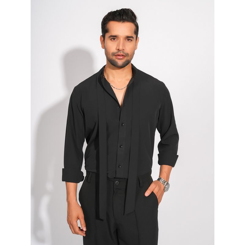 Perch Men's Black Crepe Mandarin Neck Solid Slim Shirt with Tie (XS)