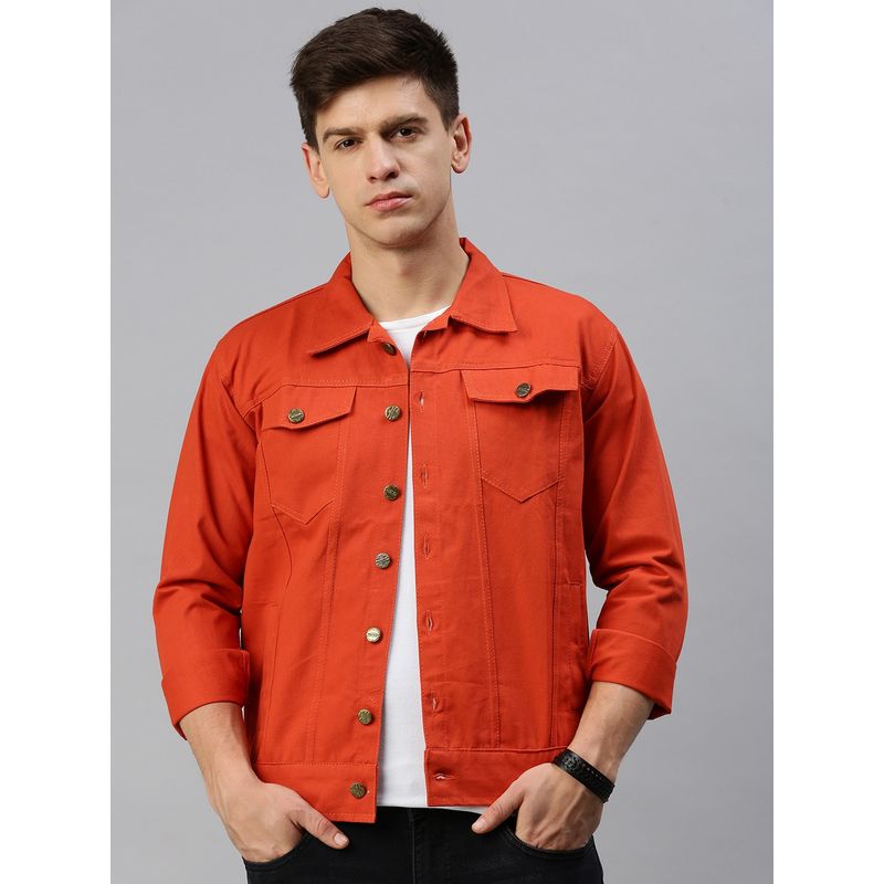 Voxati Men's Denim Orange Solid Collar Neck Jacket (S)