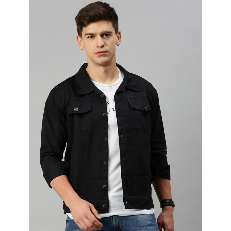 Voxati Men's Denim Black Solid Collar Neck Jacket (S)