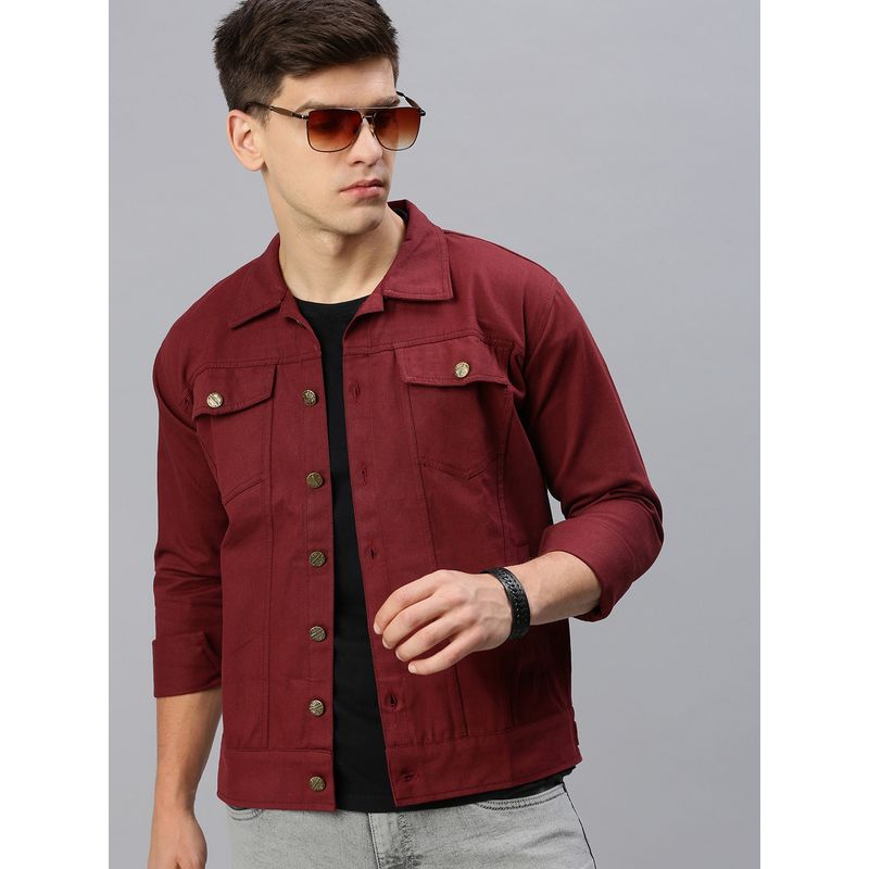 Voxati Men's Denim Maroon Solid Collar Neck Jacket (XL)
