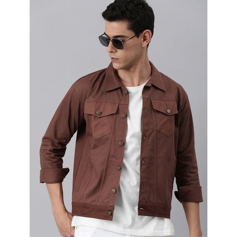 Voxati Men's Denim Brown Solid Collar Neck Jacket (XL)