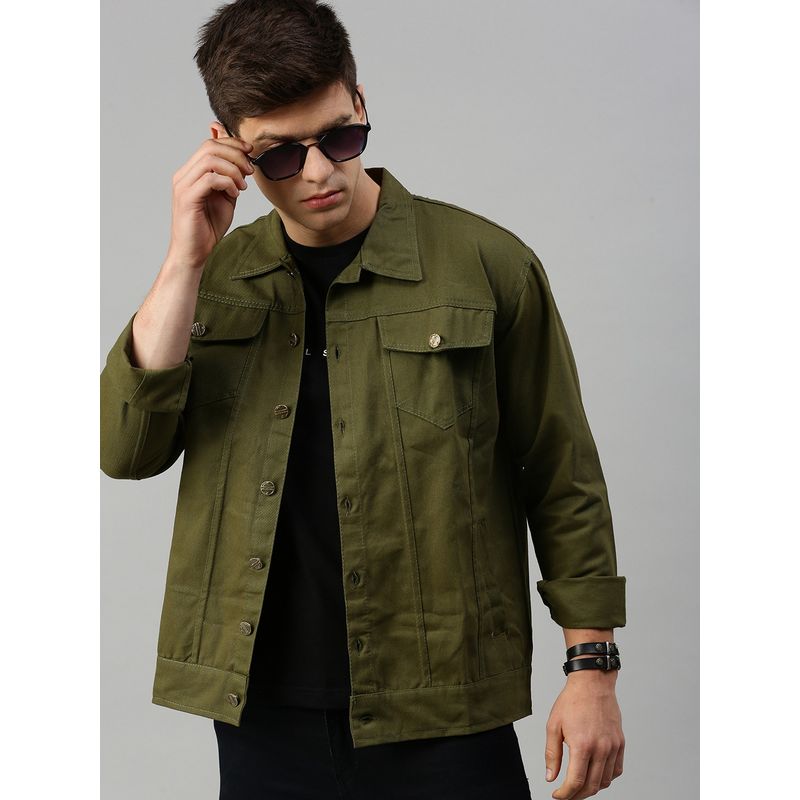 Voxati Men's Denim Olive Solid Collar Neck Jacket (M)