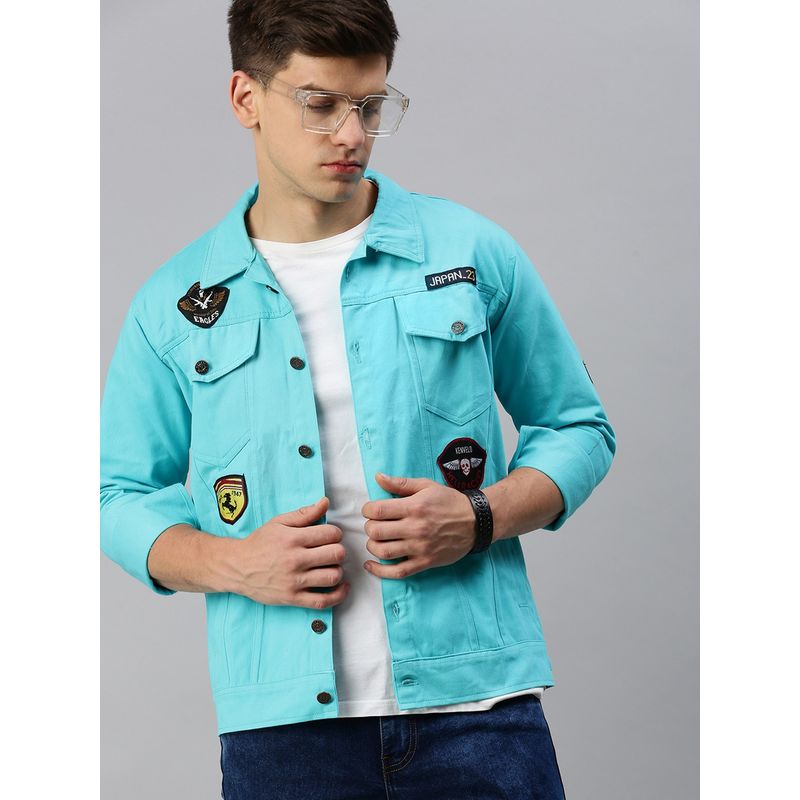 Voxati Men's Denim Turquoise Solid Collar Neck Jacket (3XL)
