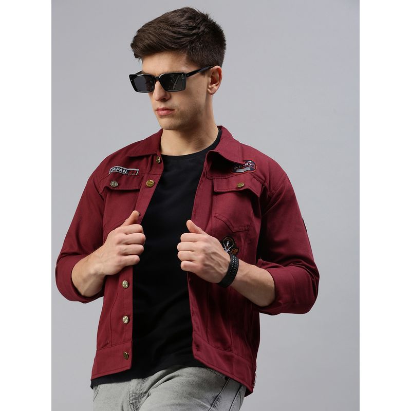 Voxati Men's Denim Maroon Solid Collar Neck Jacket (S)