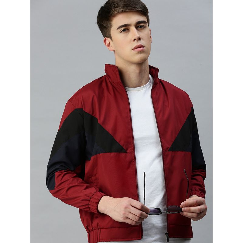 Voxati Men's Polyester Maroon Solid High Neck Jacket (L)