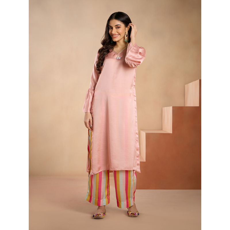 Gajra Gang Golabar Peach Embellished V Neck Kurta GGKUR27 (M)
