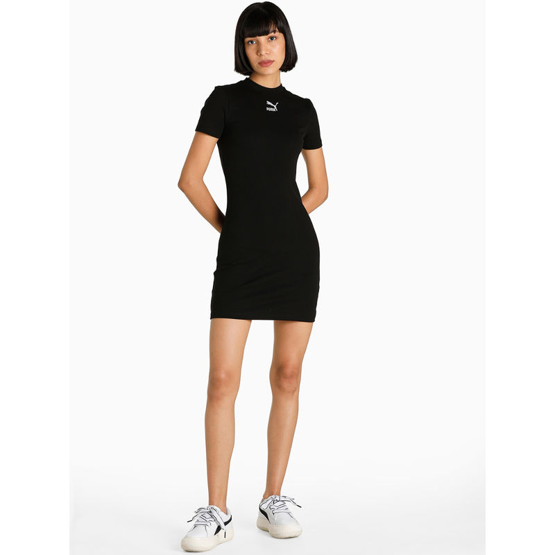 Puma Classics Ribbed Women Black T-Shirt Dress (L)