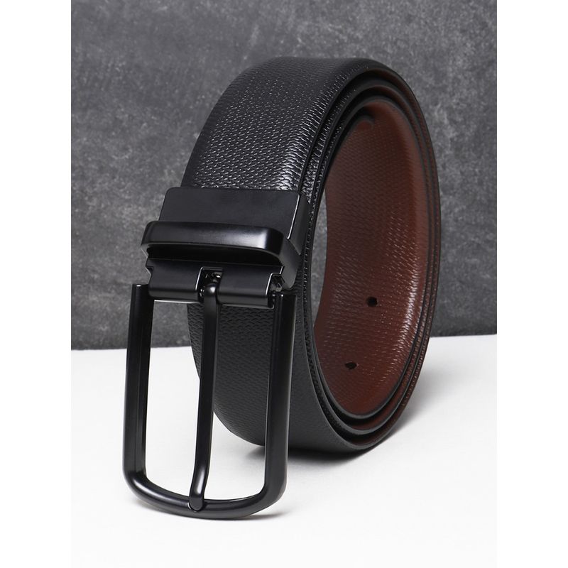 Teakwood Men Black and Brown Textured Reversible Leather Belt (34)