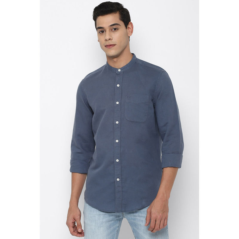 American Eagle Men Blue Band Collar Linen Shirt (XS)