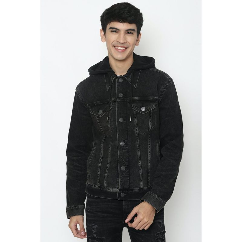 American Eagle Men Black Hooded Denim Jacket (L)