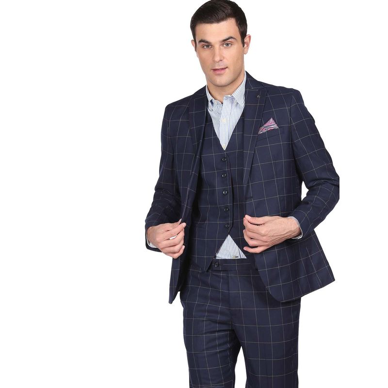 Arrow Men Navy Tailored Regular Fit Check Three Piece Suit (Set of 3) (40)