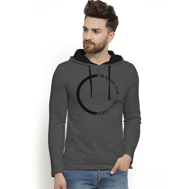 BULLMER Charcoal Trendy Printed Hooded T-Shirt for Men (XL)