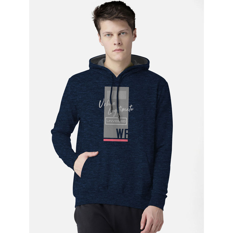 BULLMER Navy Bluevy Blue Designer Men Full-Sleeve Hooded Sweatshirt with Kangaroo Pocket (L) (L)