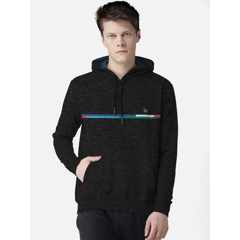 BULLMER Black Designer Men Full-Sleeve Hooded Sweatshirt with Kangaroo Pocket (L)