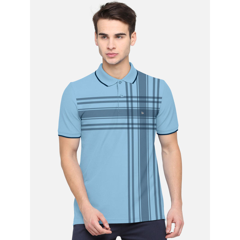 BULLMER Sky Blue Checked Printed Polo Neck Half Sleeve T-Shirts for Men (M) (M)
