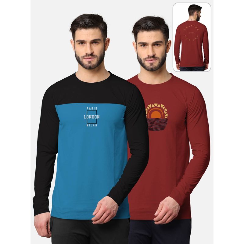 BULLMER Trendy Front & Back Printed Full Sleeve T-Shirt for Men Multi-Color (Pack of 2) (XL)