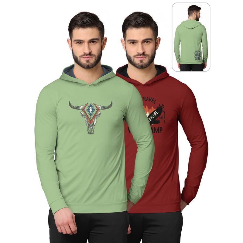 BULLMER Printed Full Sleeve Hooded Sweatshirts for Men Green and Red (Pack of 2) (2XL)