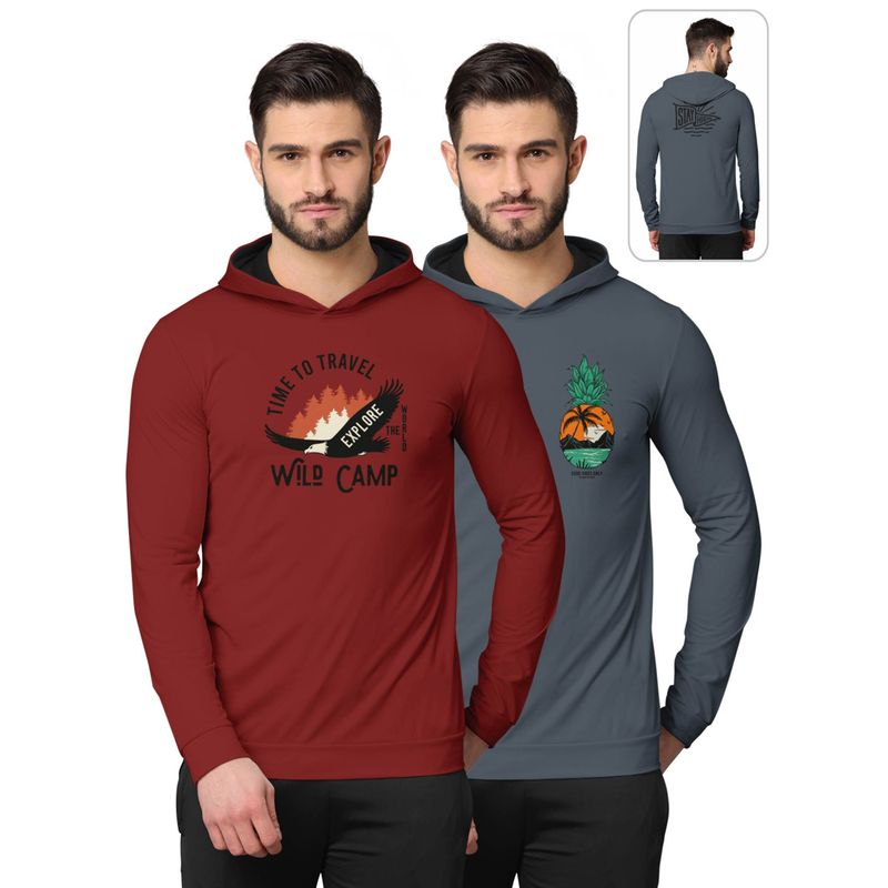 BULLMER Printed Full Sleeve Hooded Sweatshirts for Men Red and Grey (Pack of 2) (2XL)