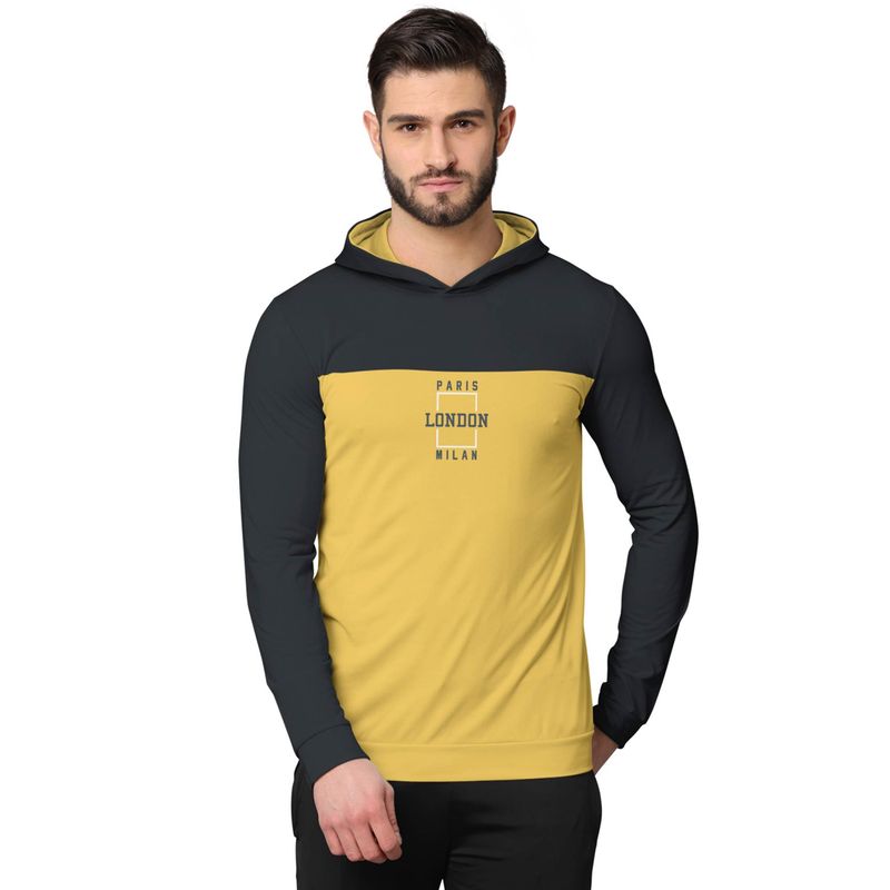 BULLMER Colorblock Full Sleeve Hooded Sweatshirts for Men Grey and Yellow (2XL)