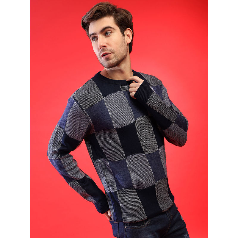 CAHOOT Men Blue Checked Pullover Sweater (M)