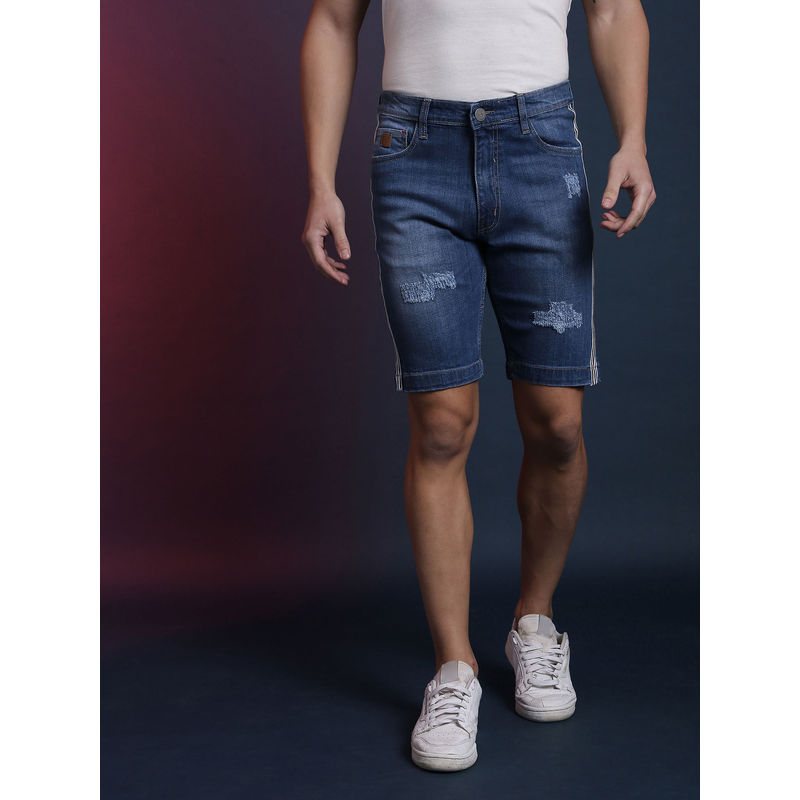 Campus Sutra Men Side Striped & Torn Stylish Denim Shorts (28)