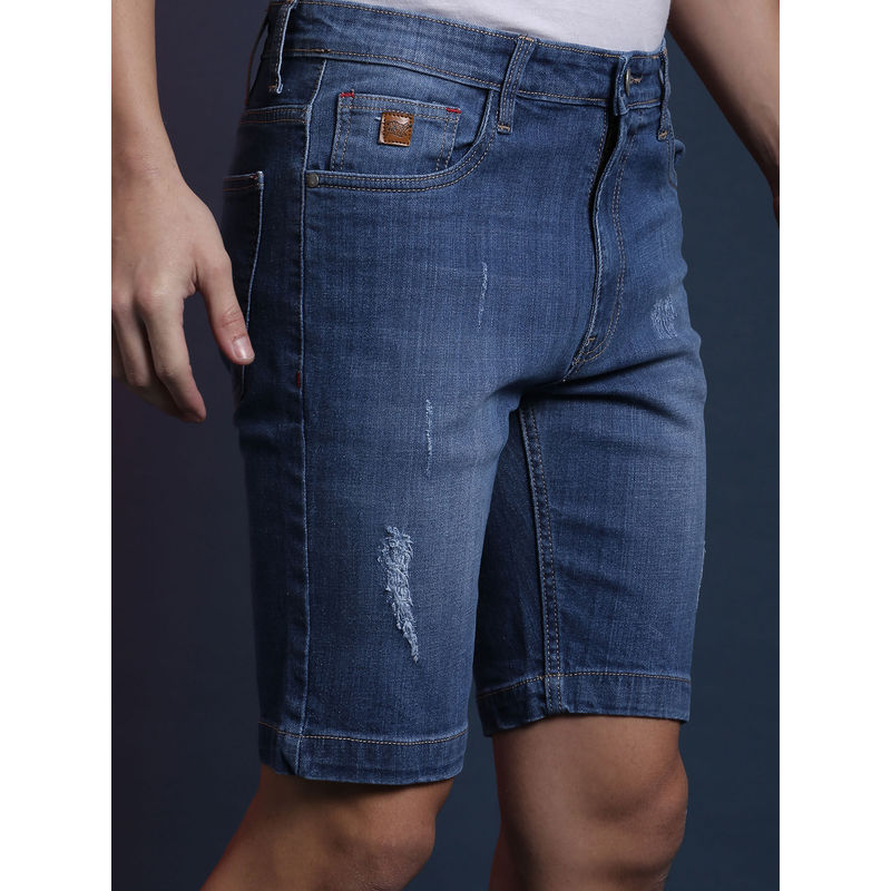 Campus Sutra Men Side Striped & Torn Stylish Denim Shorts (32)