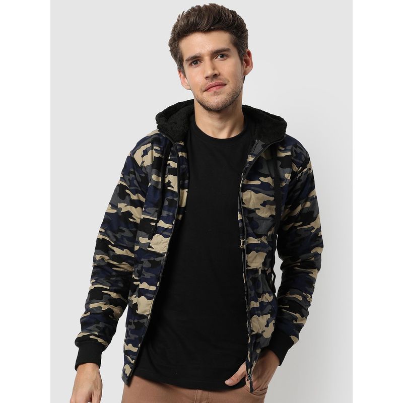 Campus Sutra Camouflage Print Hooded Winter Jacket (S)
