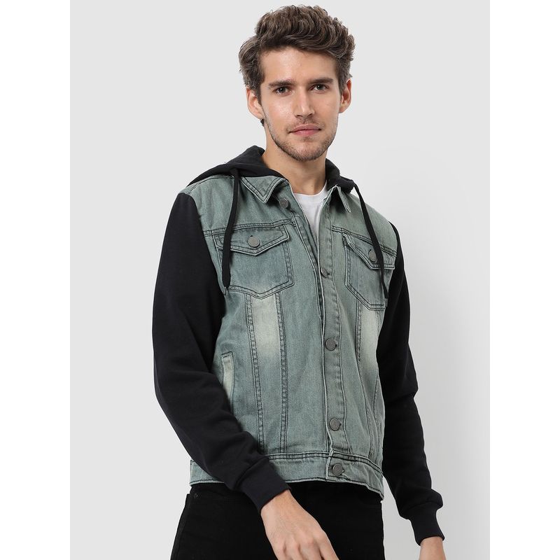 Campus Sutra Colorblock Sleeve Winter Denim Jacket (L)