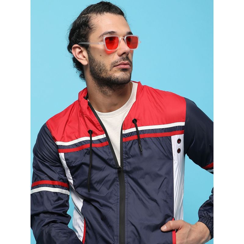 Campus Sutra Blue Colourblocked Padded Hooded Jacket (S)