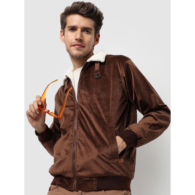 Campus Sutra Brown Suede Windcheater Bomber Jacket (S)