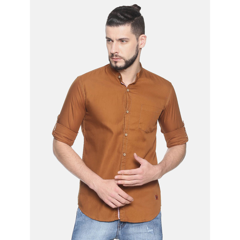 Campus Sutra Men Solid Casual Gold Shirt (S)