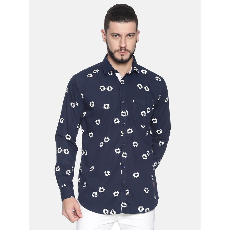Campus Sutra Men Floral Print Casual Blue Shirt (S)